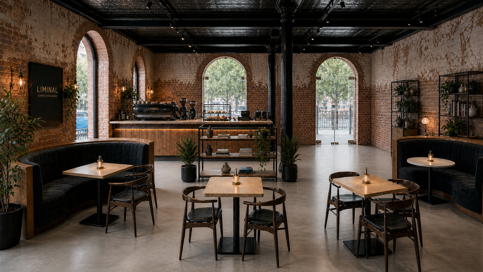 Indicative visualisation of the Liminal café with exposed brick, timber counter, dark seating and planting
