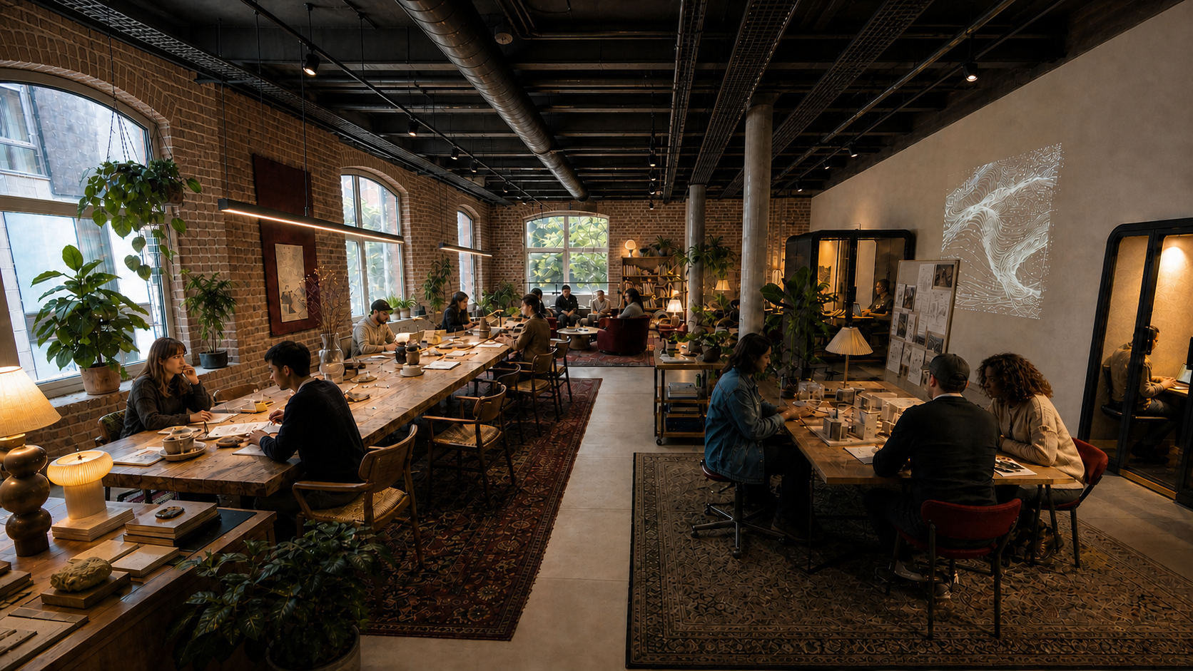 Indicative visualisation of the Liminal workspace with communal tables, rugs, plants and warm lighting